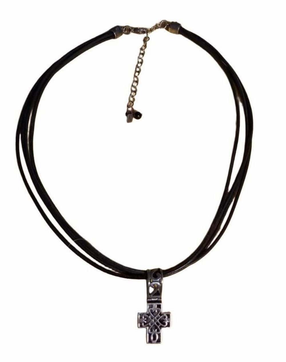 Vintage .925 Sterling Silver Celtic Cross Pendant on 3 Strand Leather Necklace